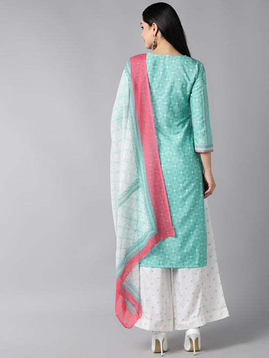 Ahika Women Sea Green Ethnic Motifs Printed Regular Kurta With Palazzos With Dupatta Set