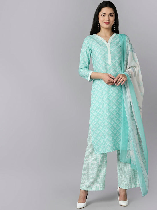 Ahika Women Sea Green Ethnic Motifs Printed Regular Kurta With Palazzos With Dupatta Set 1