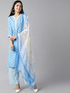 Ahika Women Blue White Floral Printed Regular Kurta With Trousers Dupatta Set