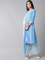 Ahika Women Blue White Floral Printed Regular Kurta With Trousers Dupatta Set