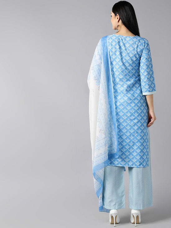 Ahika Women Blue White Floral Printed Regular Kurta With Trousers Dupatta Set