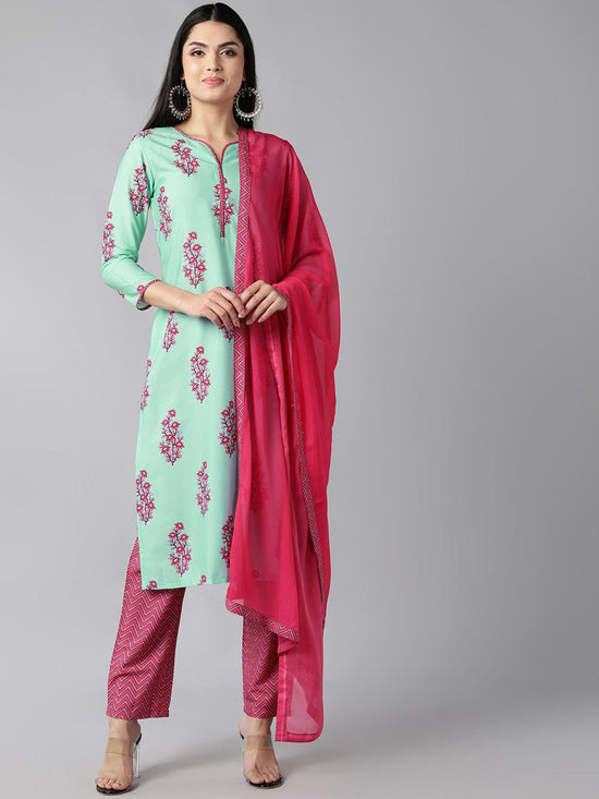 Ahika Women Sea Green Floral Printed Regular Kurta With Trousers With Dupatta Set