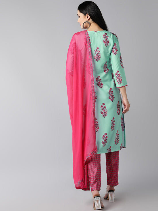 Ahika Women Sea Green Floral Printed Regular Kurta With Trousers With Dupatta Set