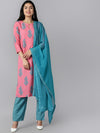 Ahika Women Pink Blue Ethnic Motifs Printed Regular Kurta With Trousers With Dupatta Set