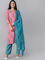 Ahika Women Pink Blue Ethnic Motifs Printed Regular Kurta With Trousers With Dupatta Set