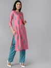 Ahika Women Pink Blue Ethnic Motifs Printed Regular Kurta With Trousers With Dupatta Set