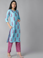 Ahika Women Blue Ethnic Motifs Embroidered Panelled Kurti With Salwar With Dupatta Set