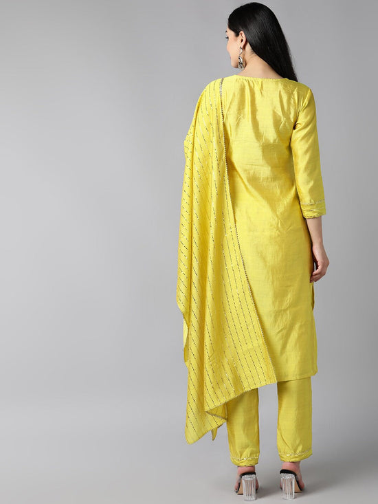 Ahika Women Yellow Yoke Design Regular Kurta With Trousers Dupatta Set