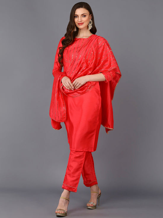 Poly Chanderi Pink Straight Kurta Pant With