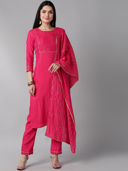 Ahika Women Pink Regular Gotta Patti Kurta With Trousers Dupatta Set