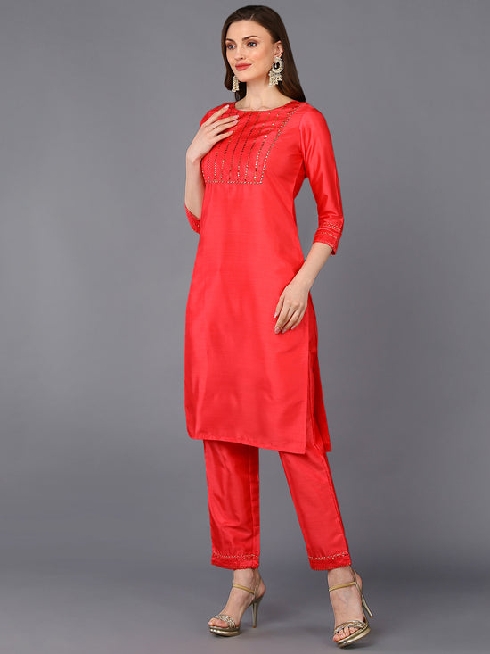 Poly Chanderi Pink Straight Kurta Pant With