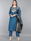 Ahika Women Teal Ethnic Motifs Yoke Design Kurta With Trousers With Dupatta