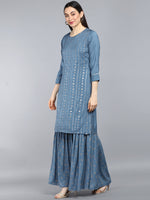 Ahika Women Blue Embroidered Sequinned Kurta With Sharara With Dupatta