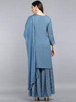 Ahika Women Blue Embroidered Sequinned Kurta With Sharara With Dupatta