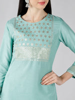 Ahika Women Sea Green Solid Embroidered Kurti Trousers With Dupatta 1