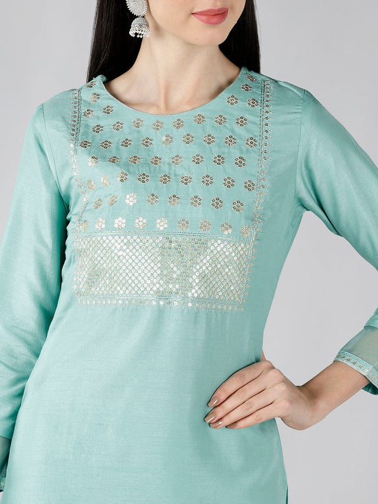 Ahika Women Sea Green Solid Embroidered Kurti Trousers With Dupatta 1