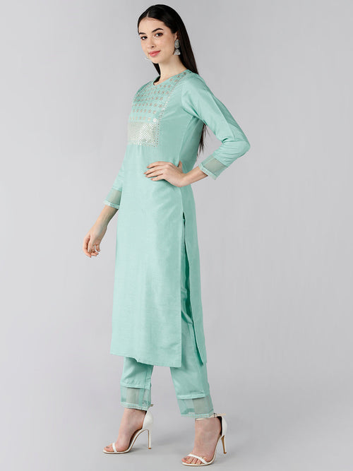 Ahika Women Sea Green Solid Embroidered Kurti Trousers With Dupatta 1