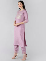 Ahika Women Mauve Solid Embroidered Kurti Trousers With Dupatta