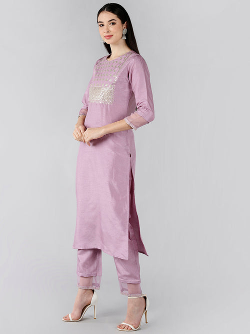 Ahika Women Mauve Solid Embroidered Kurti Trousers With Dupatta