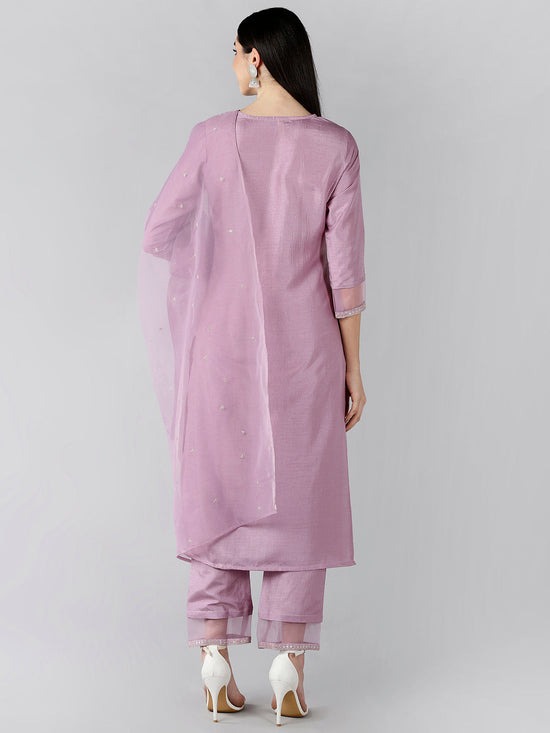 Ahika Women Mauve Solid Embroidered Kurti Trousers With Dupatta