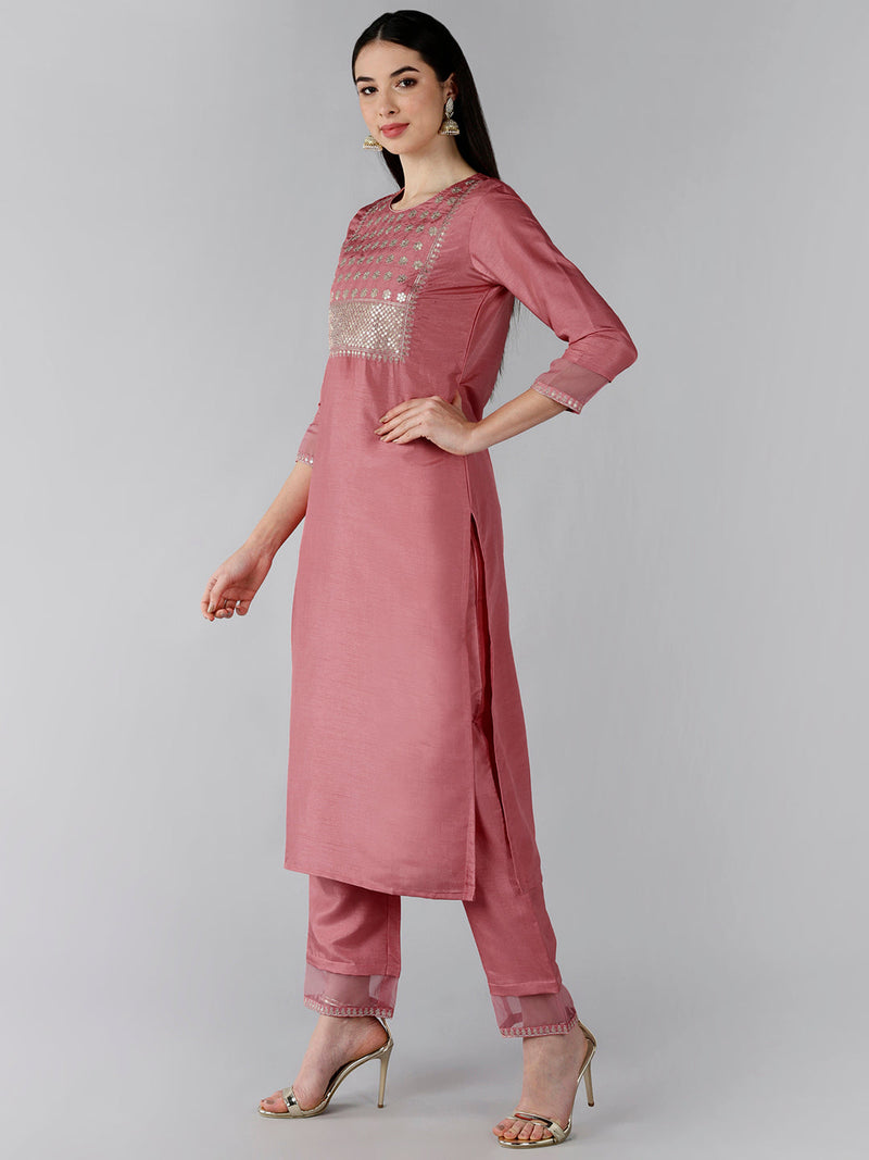 Ahika Women Pink Solid Embroidered Kurti Trousers With Dupatta 1