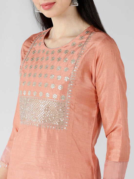 Ahika Women Peach Solid Embroidered Kurti Trousers With Dupatta