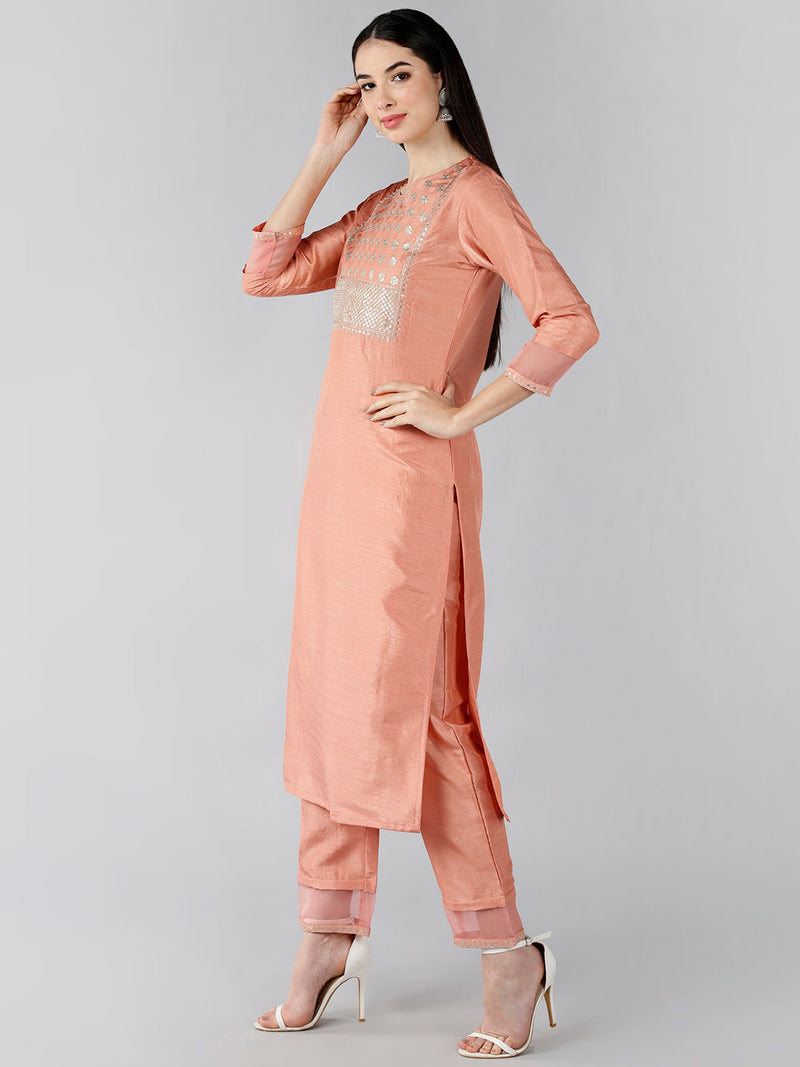 Ahika Women Peach Solid Embroidered Kurti Trousers With Dupatta