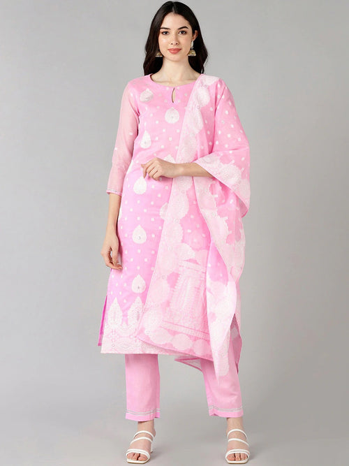 Ahika Women Pink Woven Design Kurta Trousers With Dupatta