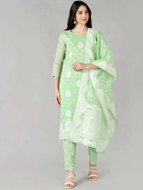 Ahika Women Green Woven Design Kurta Trousers With Dupatta 2