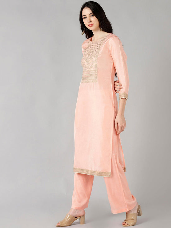 Ahika Women Peach Solid Embroidered Kurta Trousers With Dupatta 1