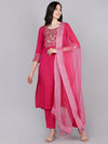 Ahika Women Fuchsia Solid Embroidered Kurta Trousers With Dupatta