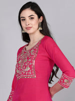 Ahika Women Fuchsia Solid Embroidered Kurta Trousers With Dupatta