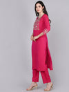 Ahika Women Fuchsia Solid Embroidered Kurta Trousers With Dupatta