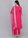 Ahika Women Fuchsia Solid Embroidered Kurta Trousers With Dupatta