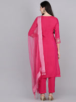 Ahika Women Fuchsia Solid Embroidered Kurta Trousers With Dupatta