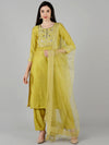 Ahika Women Yellow Solid Embroidered Kurta Trousers With Dupatta 3