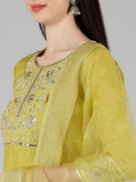 Ahika Women Yellow Solid Embroidered Kurta Trousers With Dupatta 3