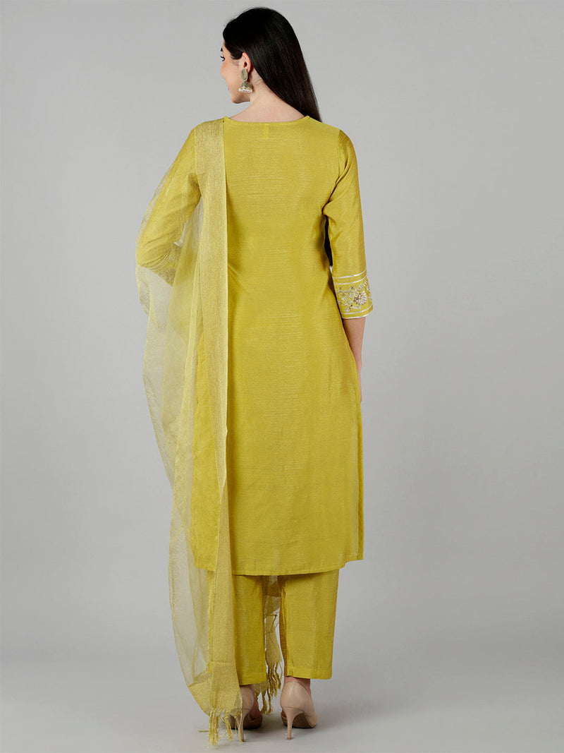 Ahika Women Yellow Solid Embroidered Kurta Trousers With Dupatta 3