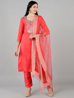 Ahika Women Peach Solid Embroidered Kurta Trousers With Dupatta 2