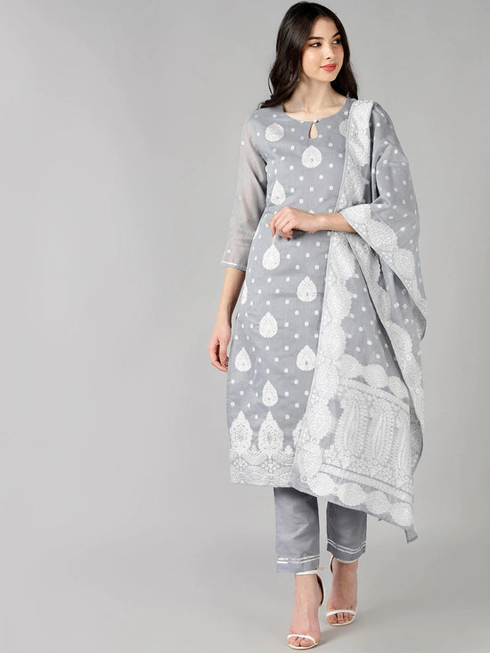 Ahika Women Grey Woven Design Kurta Trousers With Dupatta