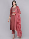 Ahika Women Mauve Solid Embroidered Kurta Trousers With Dupatta