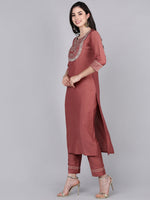 Ahika Women Mauve Solid Embroidered Kurta Trousers With Dupatta