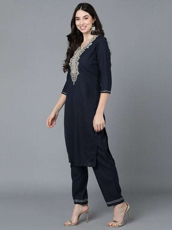 Ahika Poly Silk Embroidered Kurta Trousers With