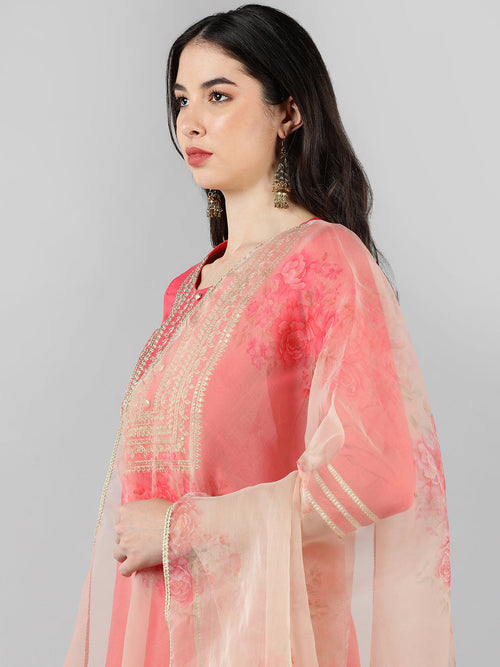 Ahika Women Pink Solid Embroidered Kurti Trousers With Dupatta