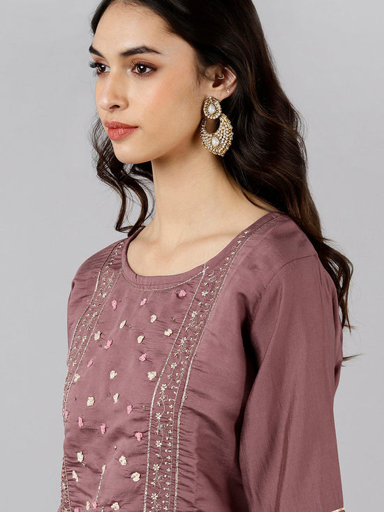 Ahika Women Mauve Solid Embroidered Kurta Trousers With Dupatta 1