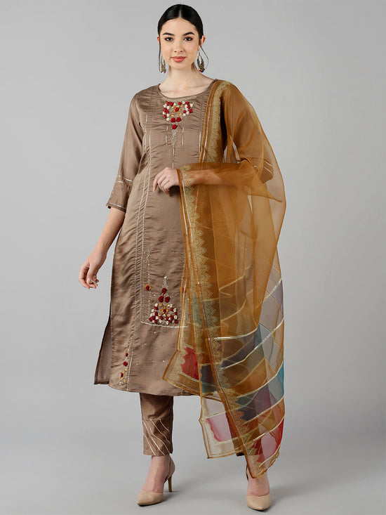 Ahika Women Beige Solid Embroidered Kurta Trousers With Dupatta 1