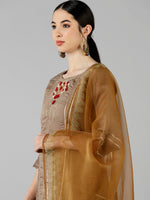 Ahika Women Beige Solid Embroidered Kurta Trousers With Dupatta 1