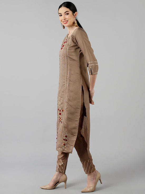 Ahika Women Beige Solid Embroidered Kurta Trousers With Dupatta 1