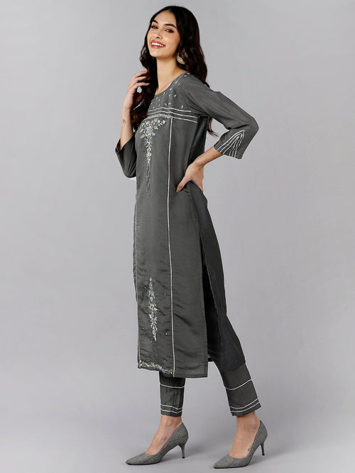 Ahika Women Grey Solid Embroidered Kurta Trousers With Dupatta 1