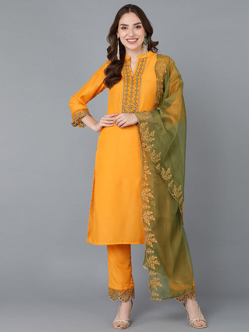 Ahika Women Mustard Embroidered Kurta Trousers With Dupatta 2